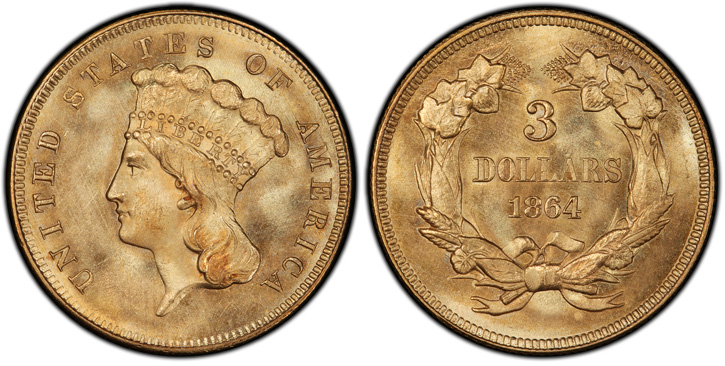 1864 Three-Dollar Gold Piece. MS-67 (PCGS).